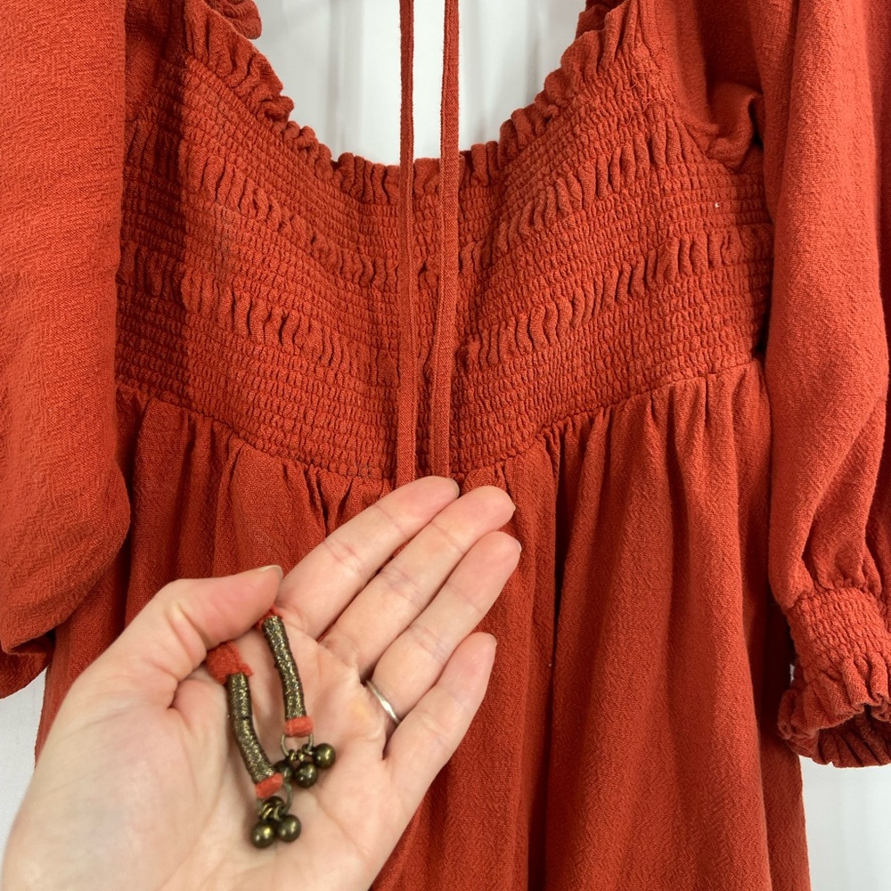 Free People This Is Everything Smocked Burnt Orange Mini Dress Large - Picture 3 of 8